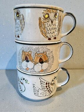Set of 3 vintage stoneware soup mugs, made in Korea, 1970’s / 1980’s